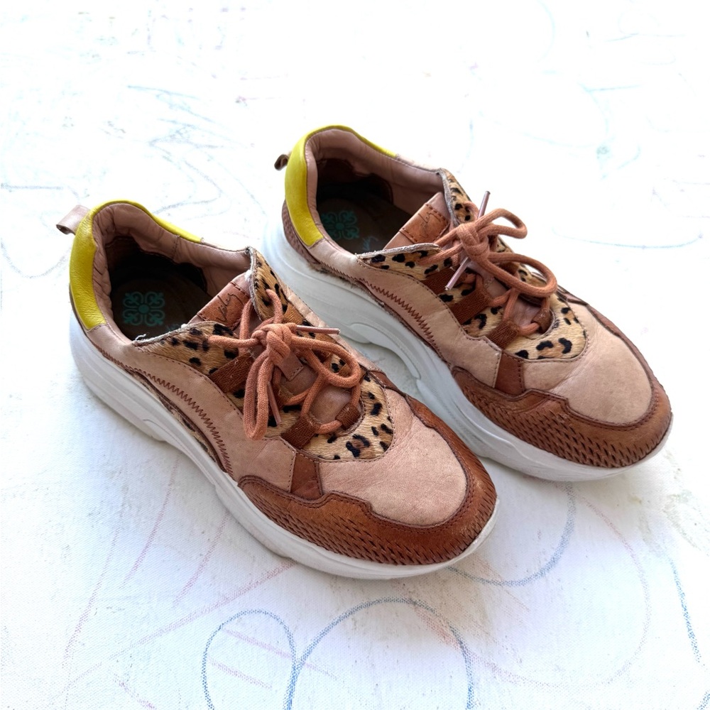 VÉLEZ Tan and Brown Leopard Print Leather Sneakers.